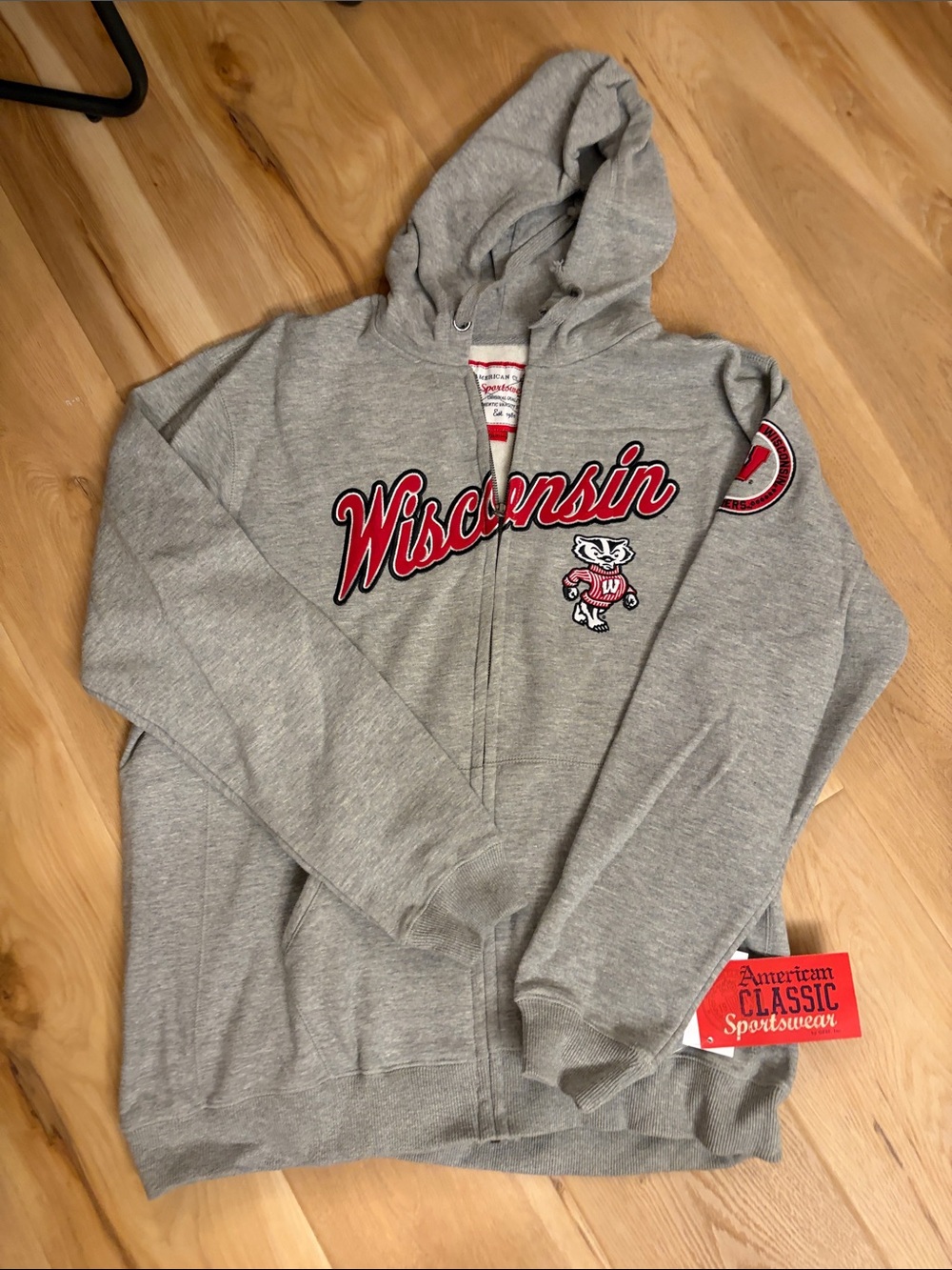 American Classic Gray Wisconsin Zip-Up Hoodie with Red Script